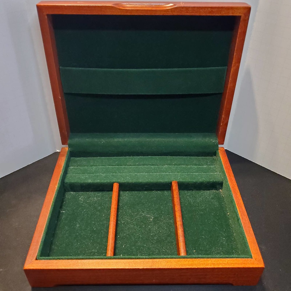 Eureka (Reed & Barton) mahogany jewelry box green velvet adjustable brass plate